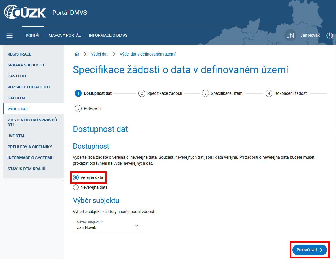 Portál DMVS — žádost o výdej dat, krok 2